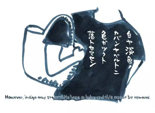 Illustration of indigo shirt and white bag with Japanese text and English note about indigo stain