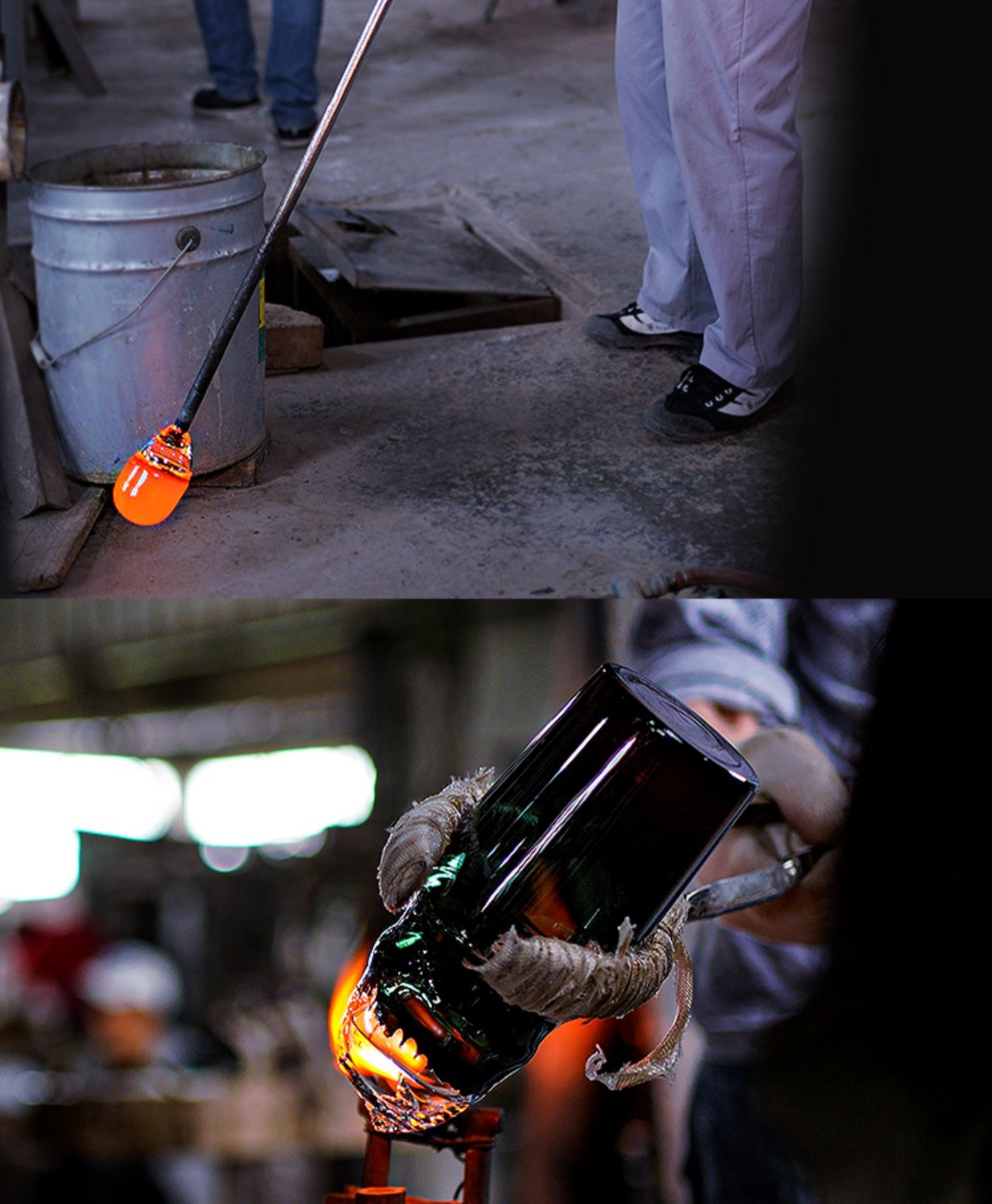 Rin Essense whiskey glass handmade glassblower creating a dark tumbler from glowing molten glass in workshop