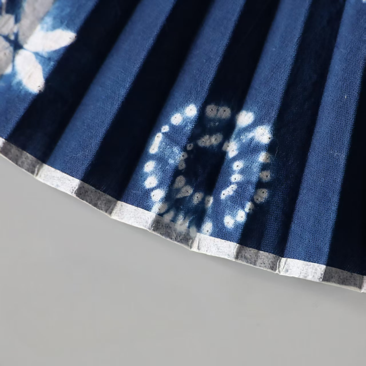 Handmade Indigo-Dyed Cotton Folding Fan with Sleeve.