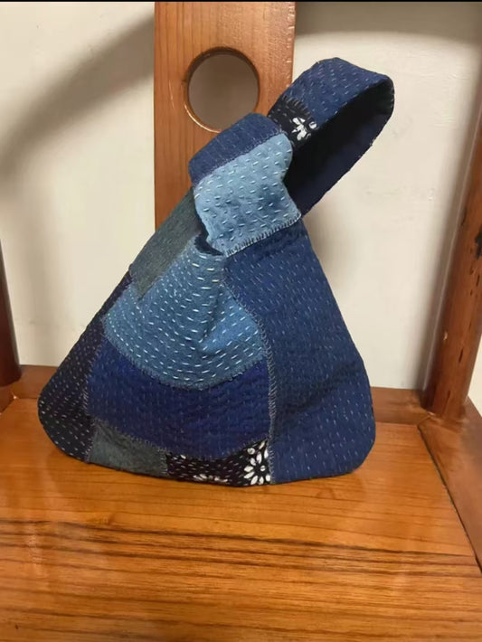 Sashiko Indigo Plant-Dyed Patchwork Knot Bag.
