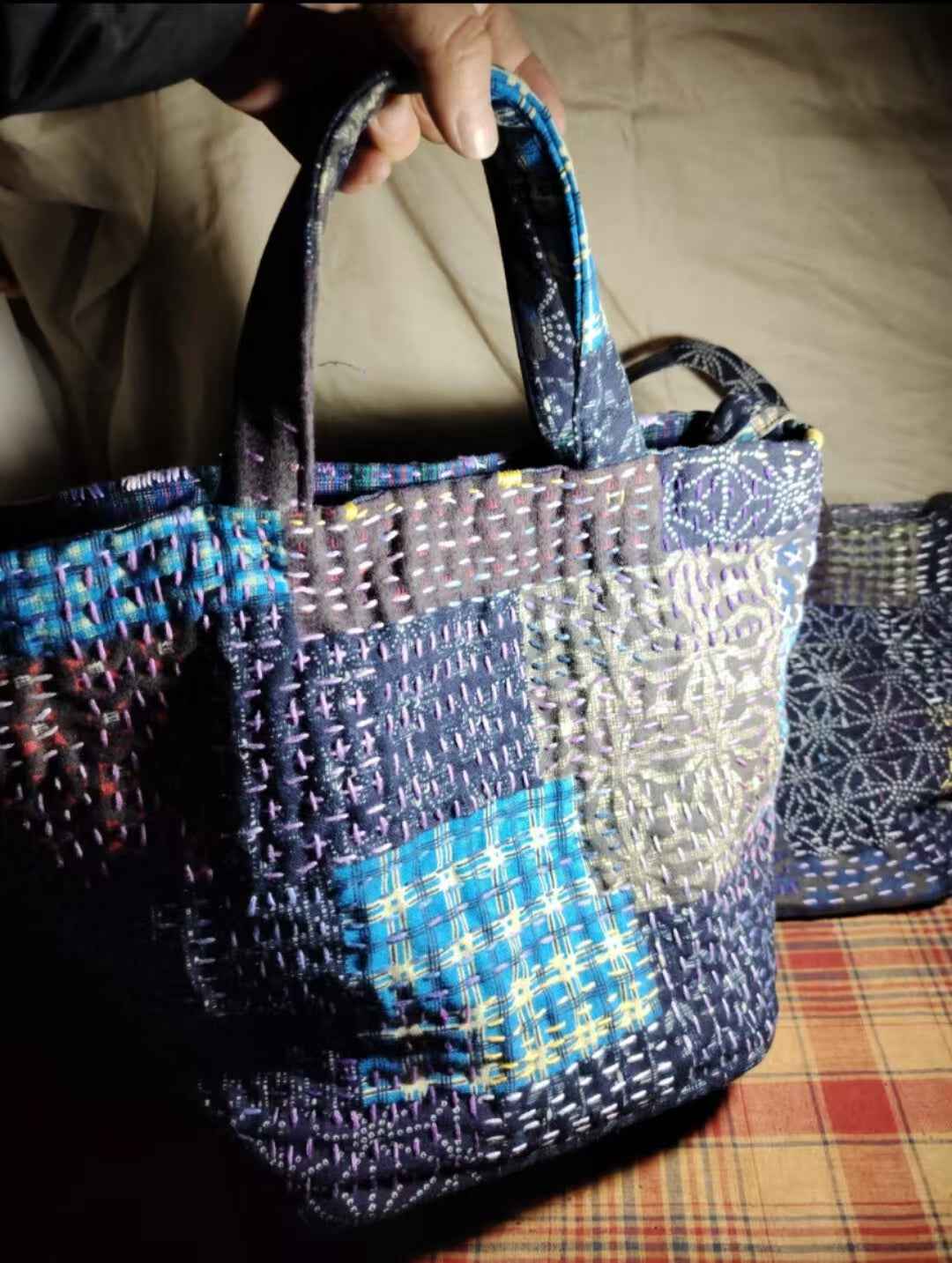 Large Sashiko Patchwork Tote Bag – Dark-Toned Mannui