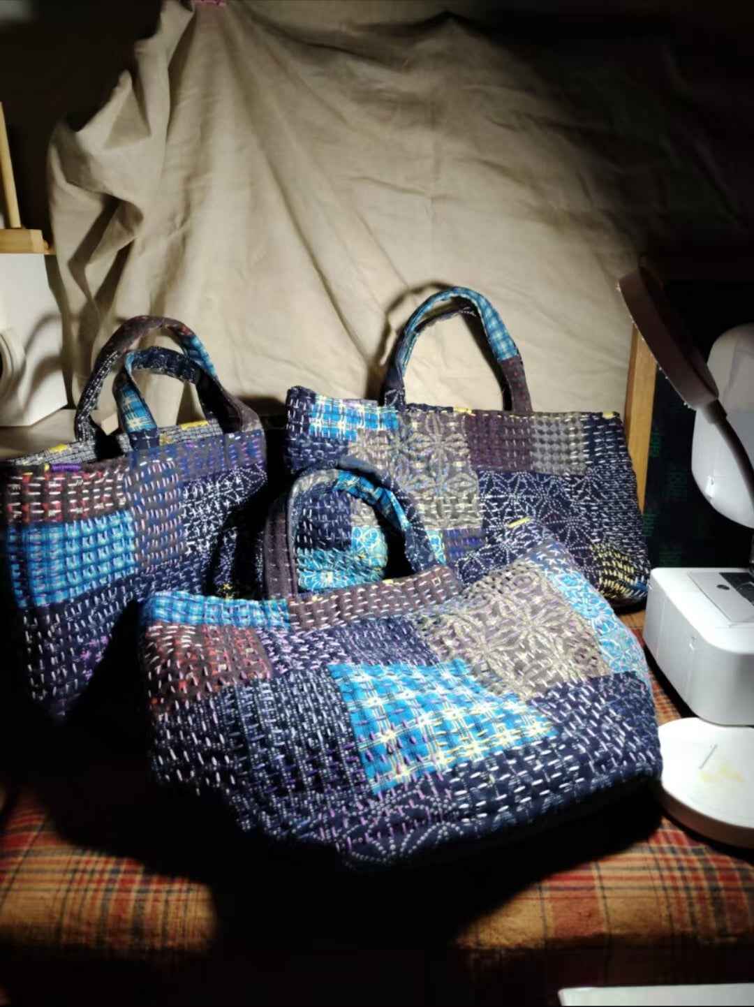 Large Sashiko Patchwork Tote Bag – Dark-Toned Mannui