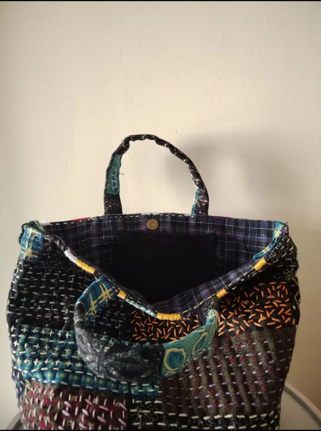 Large Sashiko Patchwork Tote Bag – Dark-Toned Mannui.