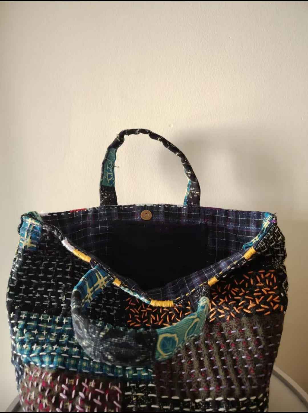Large Sashiko Patchwork Tote Bag – Dark-Toned Mannui