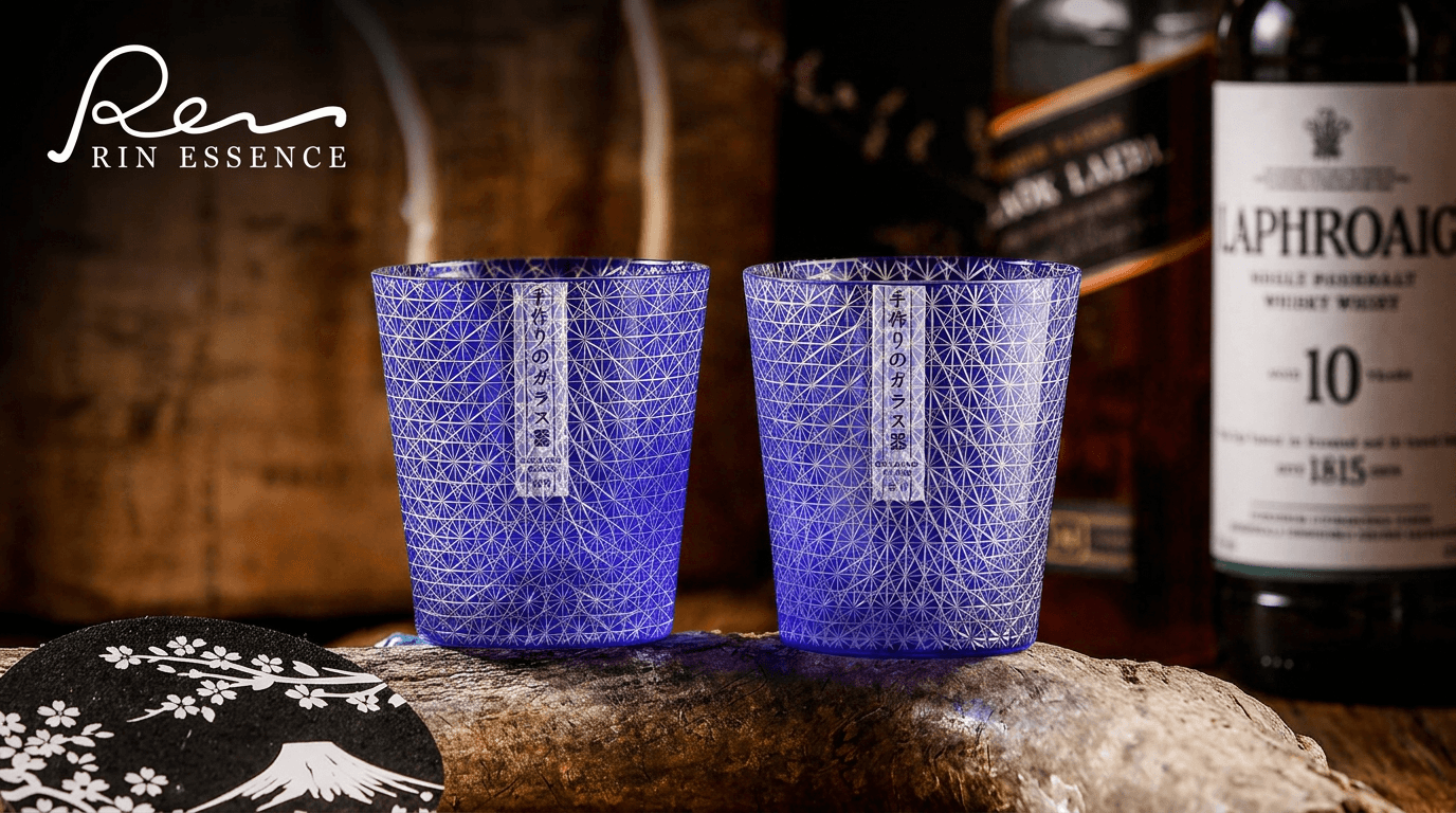 “Satsuma Blue” – Chrysanthemum Cut Sake & Whisky Glass Handcrafted Crystal Glass, 250 ml - Rin Essense