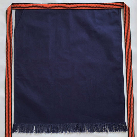 Rin Essense custom Japanese apron with pattern in navy blue featuring orange striped ties and fringed hem