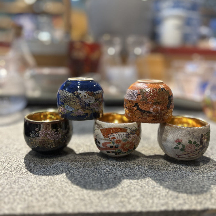 Japanese Kutani Ware Sake Set – Hand-Painted Gold Accent Cups (5-Piece).