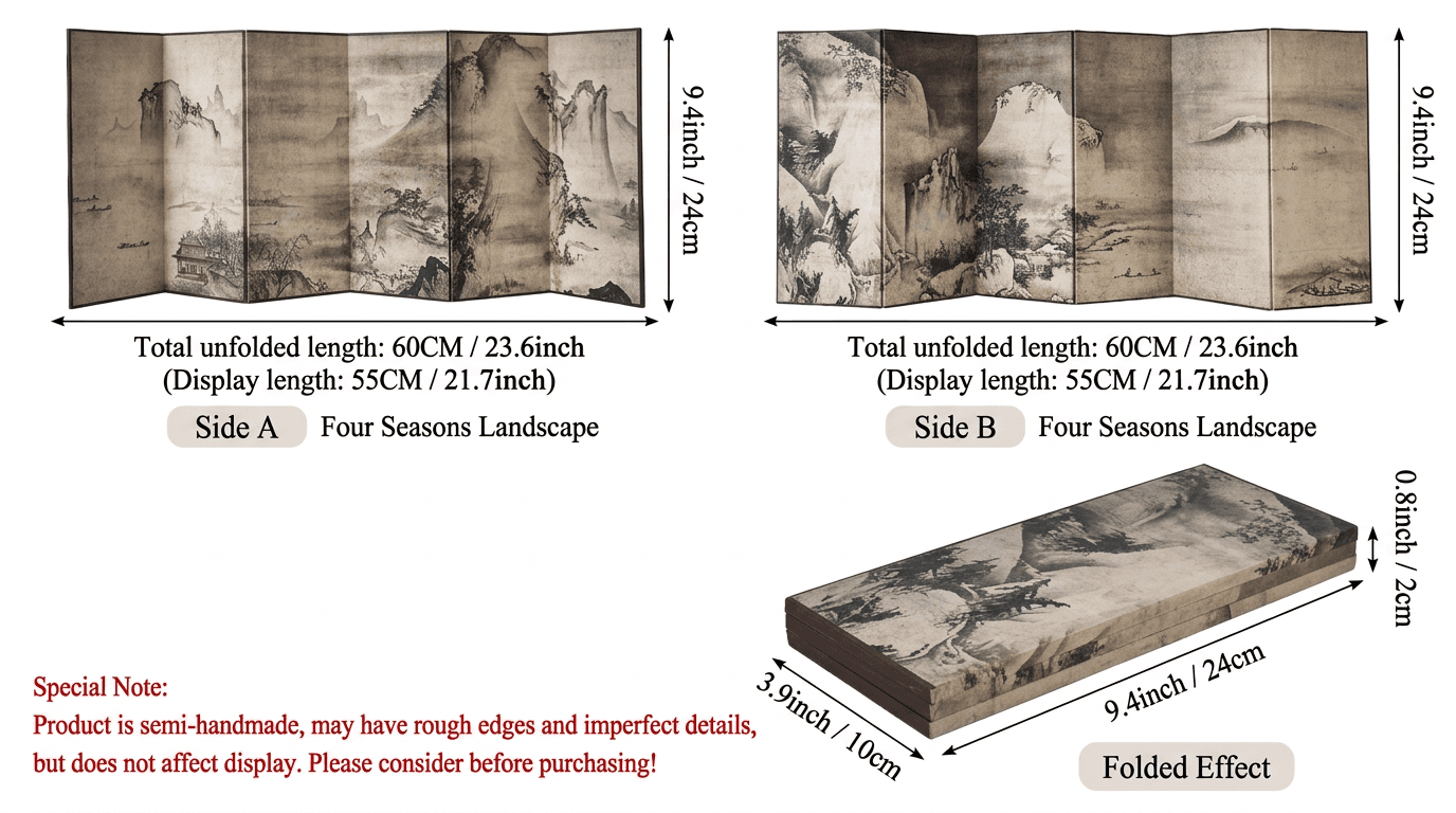 Japanese Zen Ink Landscape Mini Folding Screen (Byōbu) | Double-Sided "Four Seasons" Desktop Art | Hand-Finished Oriental Décor for Bookshelf & Office - Rin Essense