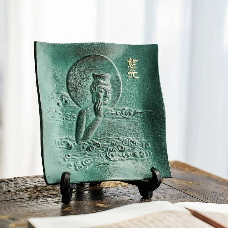 Japanese Handcrafted Takagawa Ironware Decorative Vessel Plate (Maitreya Bodhisattva) for Home Decor - Rin Essense