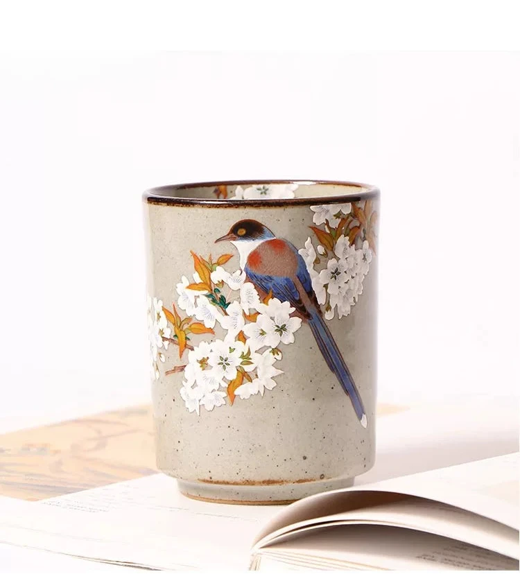 Japanese Kutani Ware Hand-Painted Ceramic Mug – Luxury Floral & Bird Tea Cup, 13 oz Artisan Porcelain, Elegant Gift