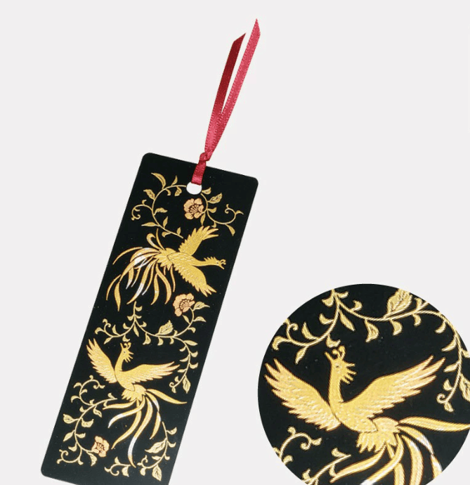 Rin Essense handcrafted lacquerware bookmarks black bookmark with gold phoenix floral design and red ribbon
