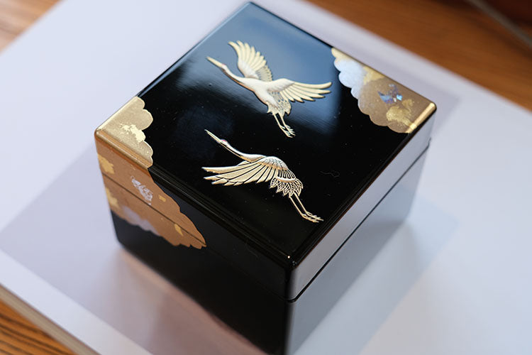 Rin Essense black lacquer box with gold cranes and cloud motifs Japanese lacquerware jewelry box