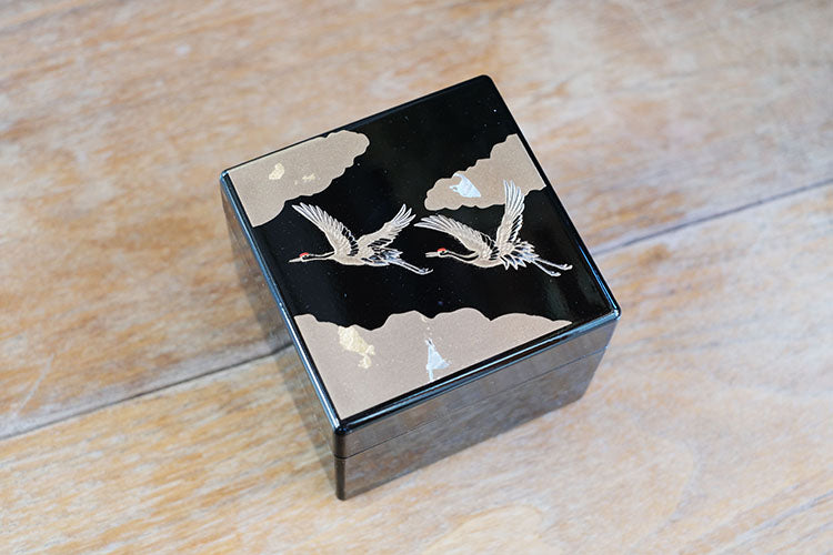 Rin Essense black lacquer box with gold cranes and cloud motif on lid Japanese lacquerware jewelry box