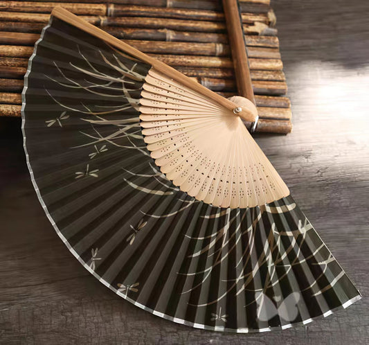Rin Essense black folding hand fan with delicate bamboo and dragonfly design artistic Japanese gifts US shipping