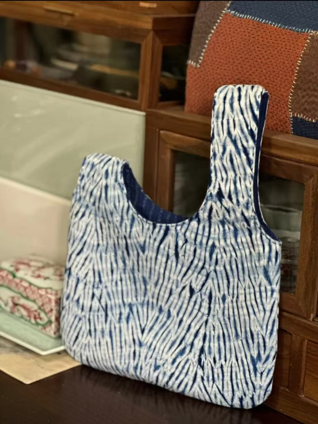 Indigo Shibori knot bag by Rin Essense blue and white hand dyed tote with soft short handles for everyday use