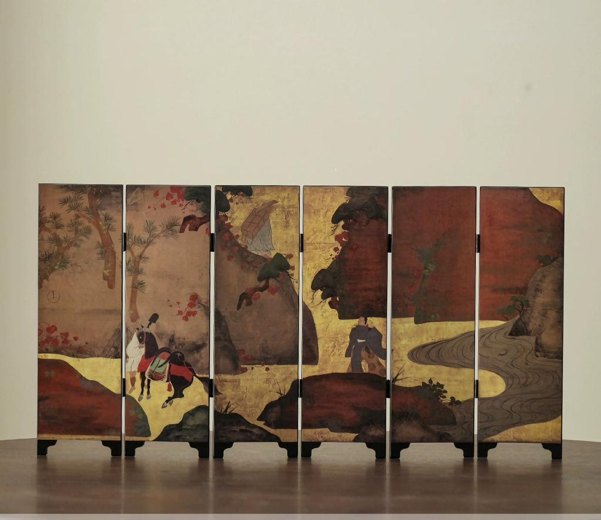 Rin Essense lacquer table screen depicting gold leaf landscape and travelers on a six panel folding screen