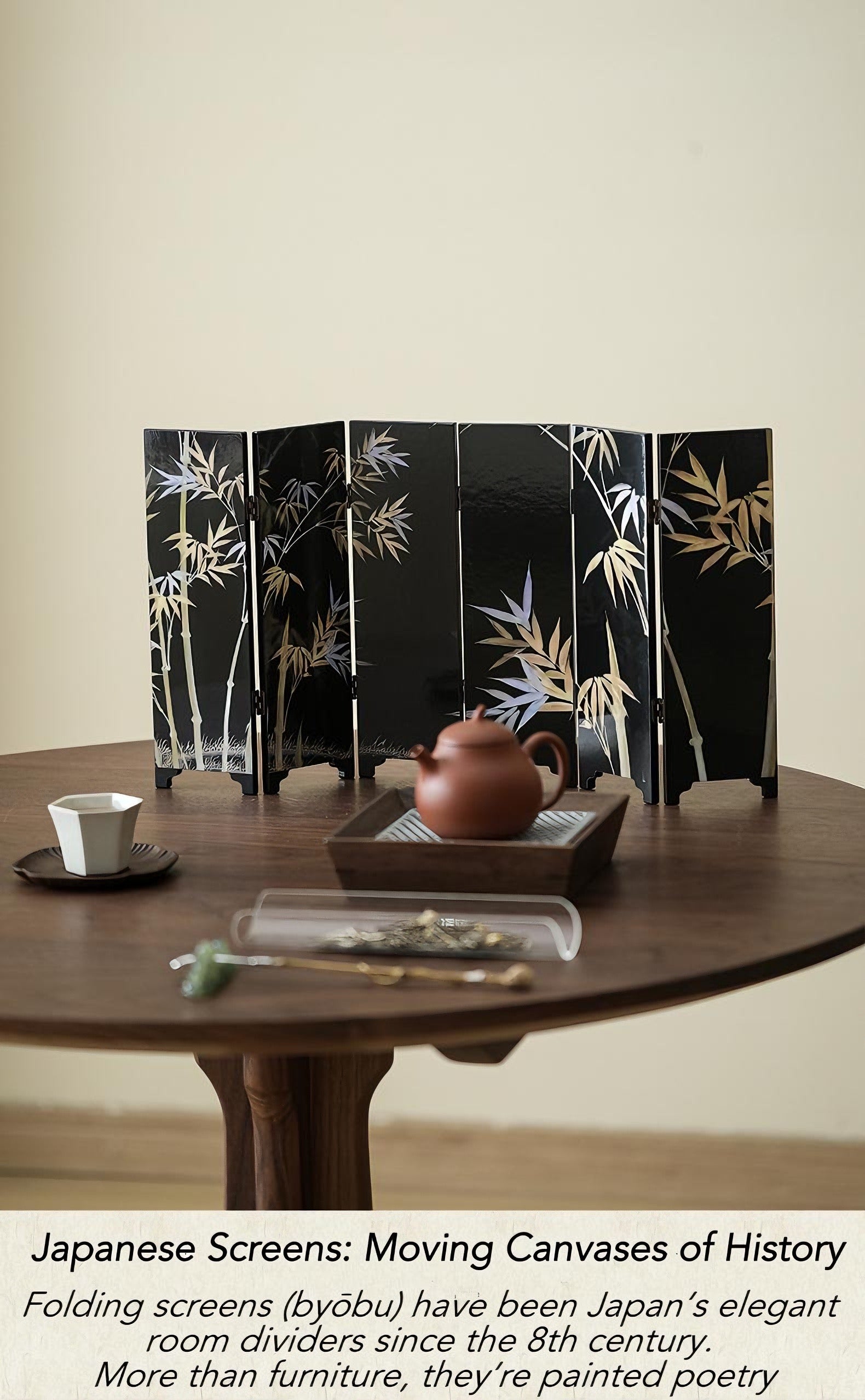 Rin Essense lacquer table screen black folding screen with gold bamboo design on tea table
