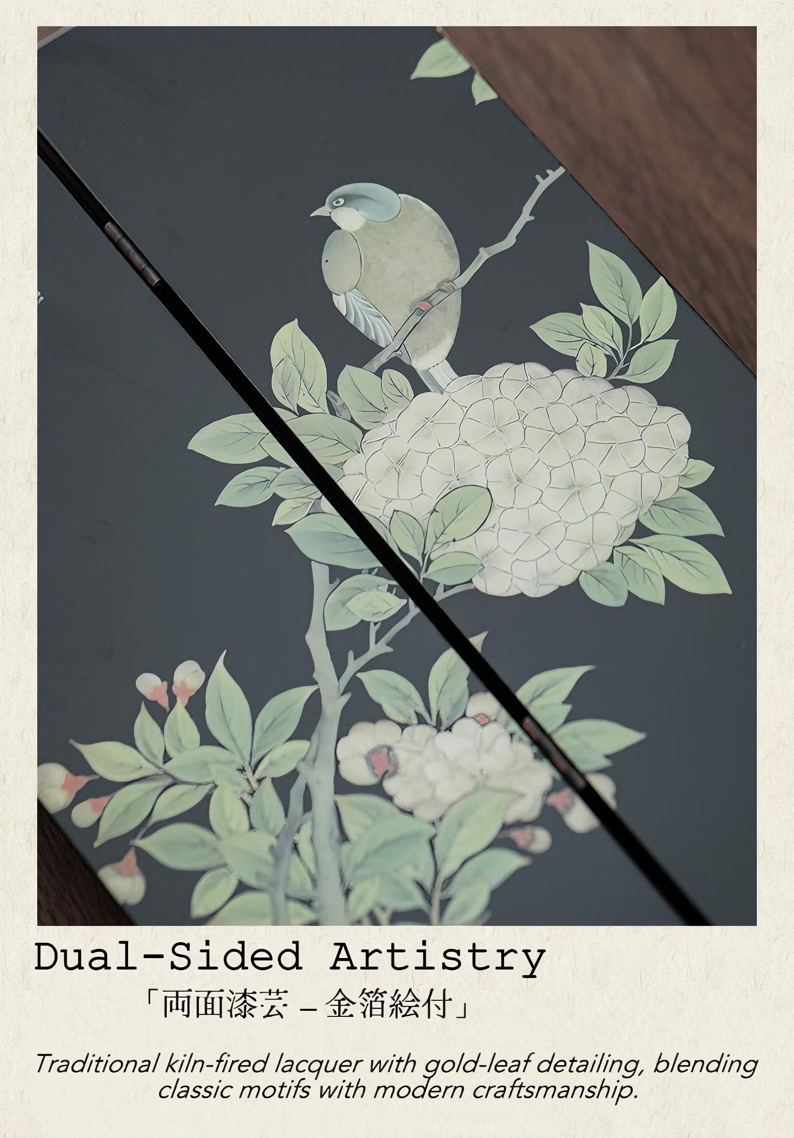 Rin Essense lacquer table screen featuring a hand painted bird on branch and pale hydrangea motif on dark lacquer panel