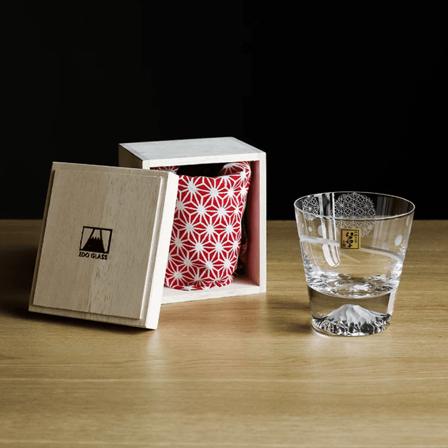 Handcrafted glass Japanese gift whiskey glass sake with wooden box and decorative cloth from Rin Essense