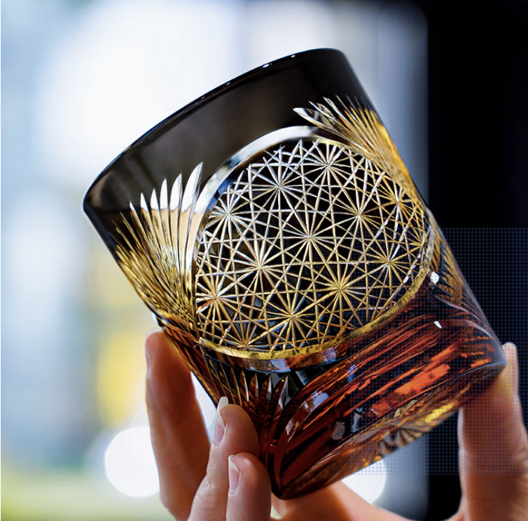 Rin Essense Japanese retro whisky glass with gold geometric cut pattern held in hand for serving spirits