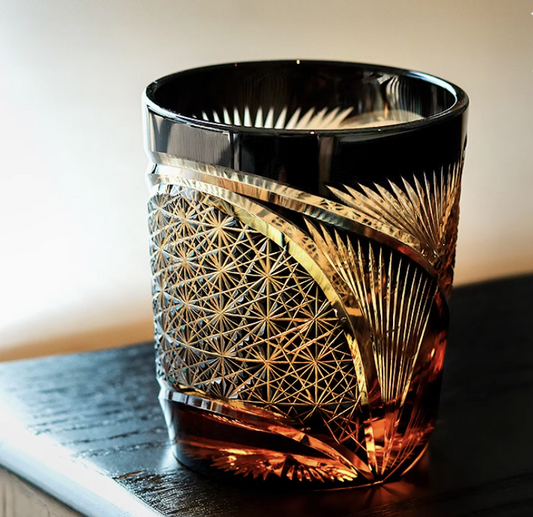 Rin Essense Japanese retro whisky glass amber cut crystal tumbler with intricate starburst and geometric engraving
