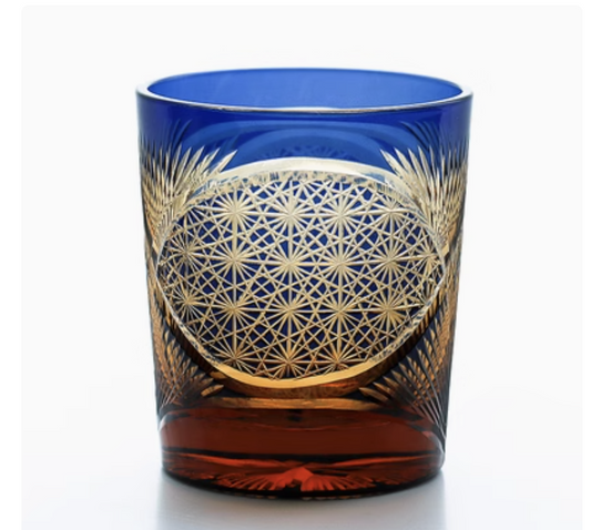 Rin Essense Japanese retro whisky glass cobalt blue and amber cut glass with gold asanoha pattern