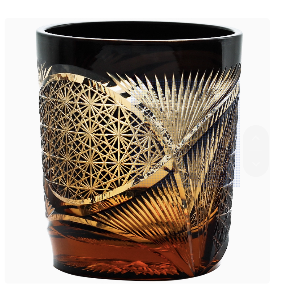 Rin Essense Japanese retro whisky glass amber tumbler with gold cut geometric and starburst pattern