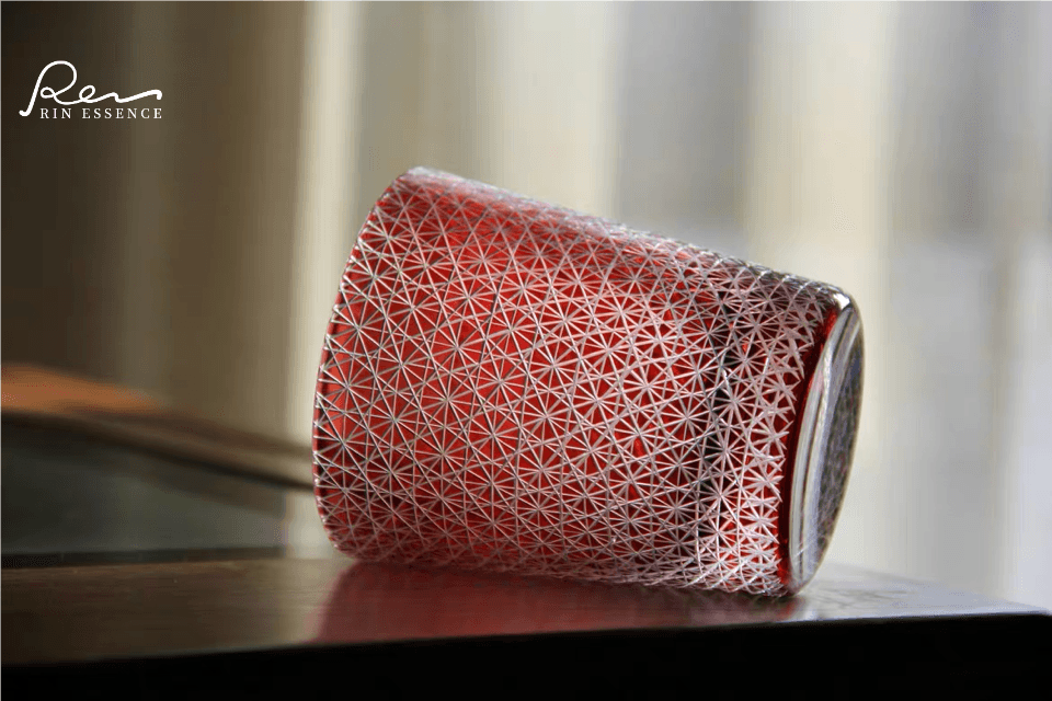 Rin Essense sake cup featuring intricate Edo Kiriko style drinkware red geometric patterns
