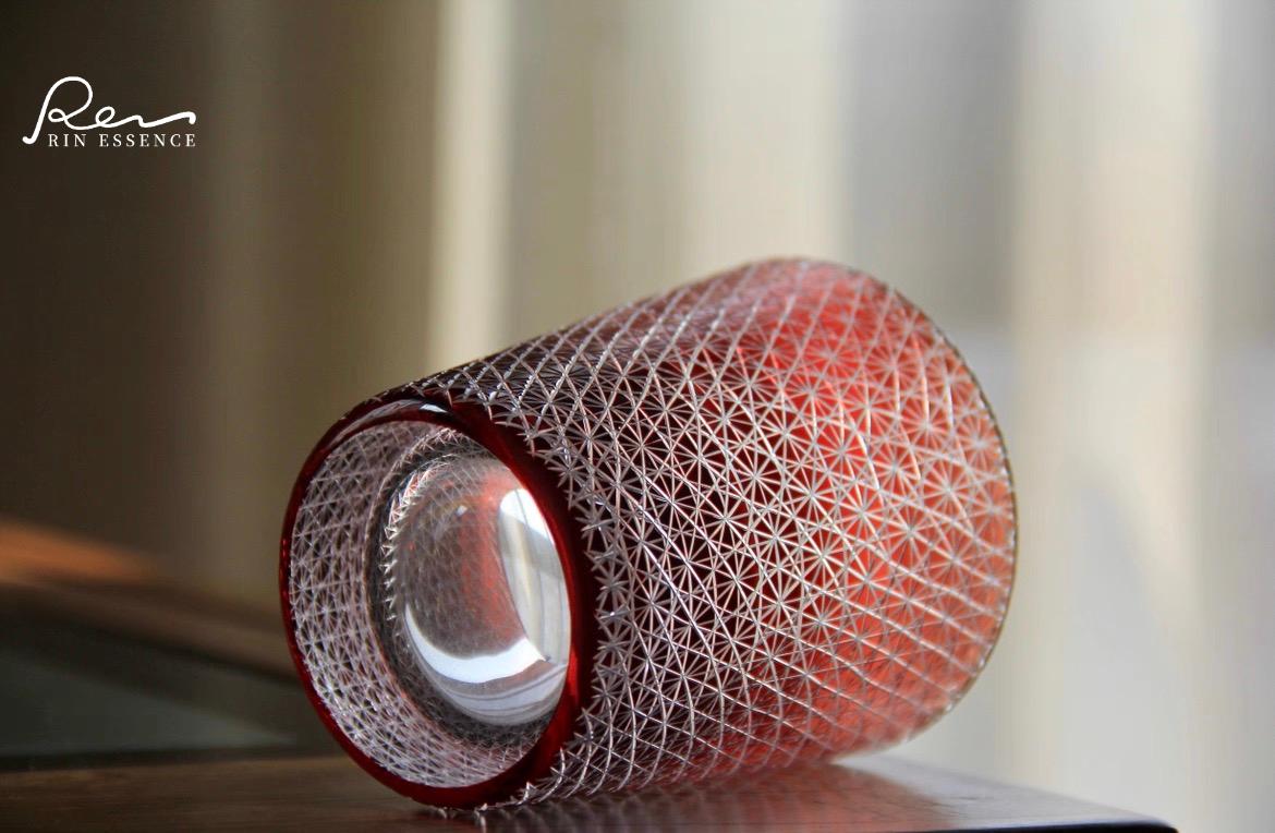 Rin Essense Edo Kiriko style drinkware red sake cup with intricate geometric cut glass design