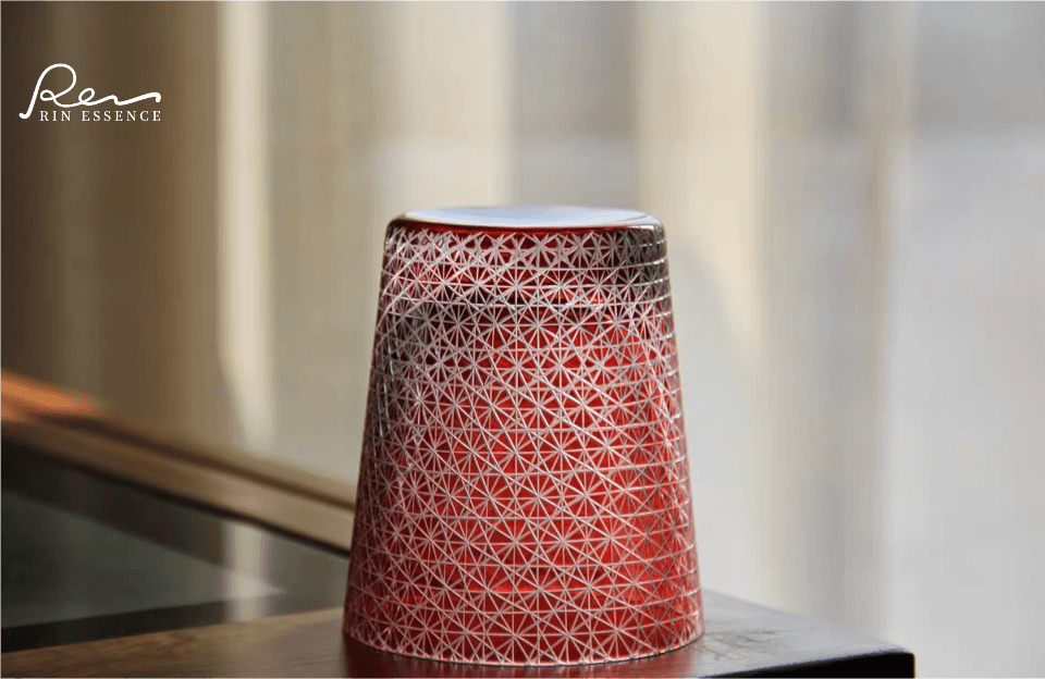 Rin Essense sake cup featuring intricate Edo Kiriko style drinkware design with red geometric patterns