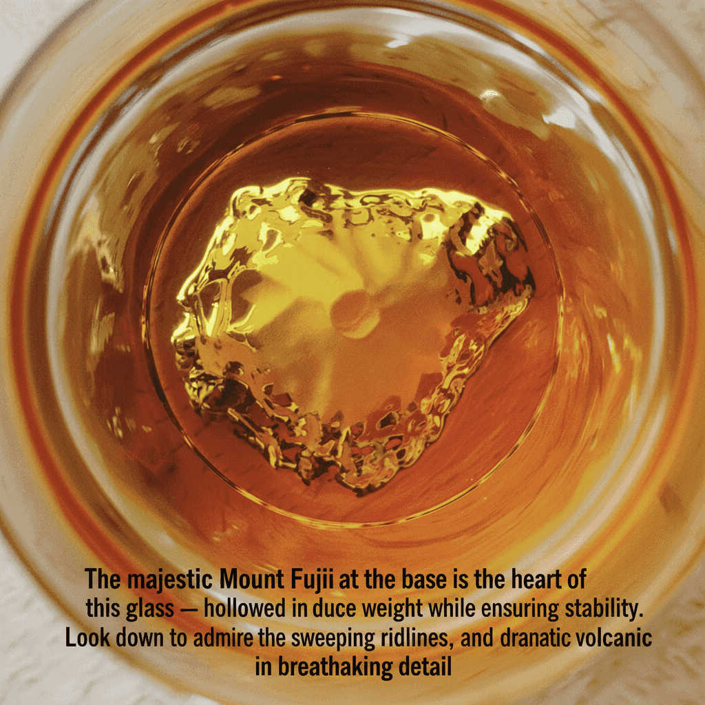 Aerial view of Mount Fuji relief at the base of the glass with amber liquid