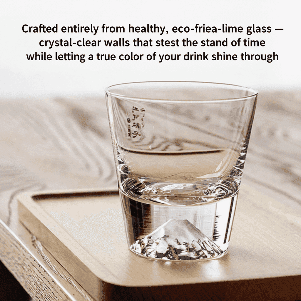 Fuji Reflection whisky glass on a wooden tray showing the full Mount Fuji base design