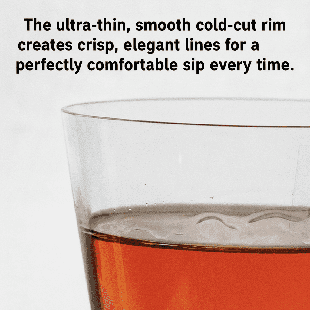 Ultra-thin cold-cut rim of the Fuji whisky glass filled with amber liquid