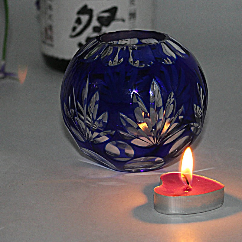 Japanese Edo Kiriko Glass Candle Holder – Round Ball Design in deep blue with intricate floral cut patterns