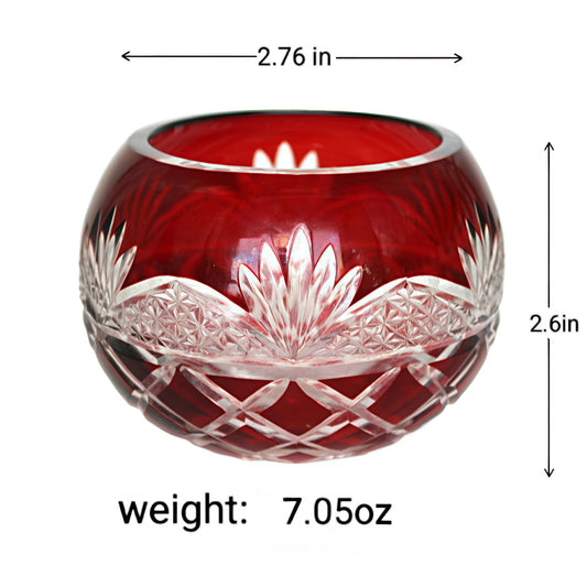 Japanese Edo Kiriko Glass Candle Holder – Round Ball Design in red with intricate cut glass patterns