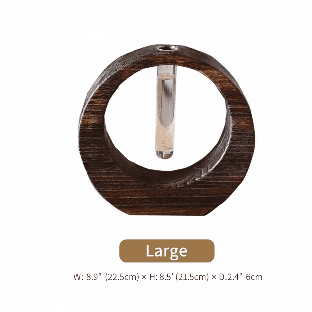 Rin Essense large japanese vase with round dark wooden frame and glass holder for flowers
