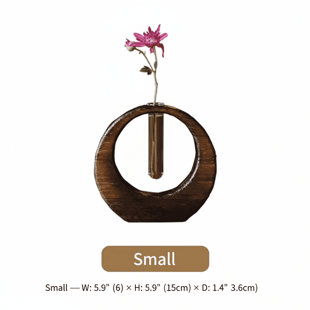 Rin Essense small japanese vase with circular wooden frame and single purple flower for home décor