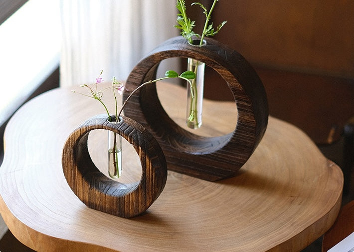 Rin Essense wooden home decor japanese vase set with round frames and glass tubes for flowers