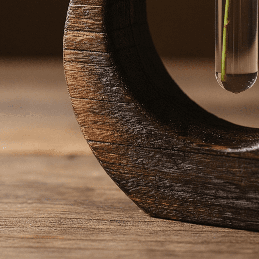 Close-up of Rin Essense wooden Japanese vase with glass tube for floral arrangement on wooden surface