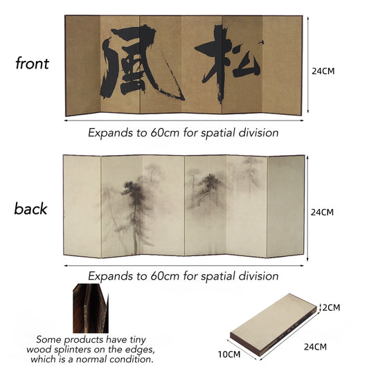 Rin Essense washi shoji folding screen miniature six panel with calligraphy front and ink pine back 24cm