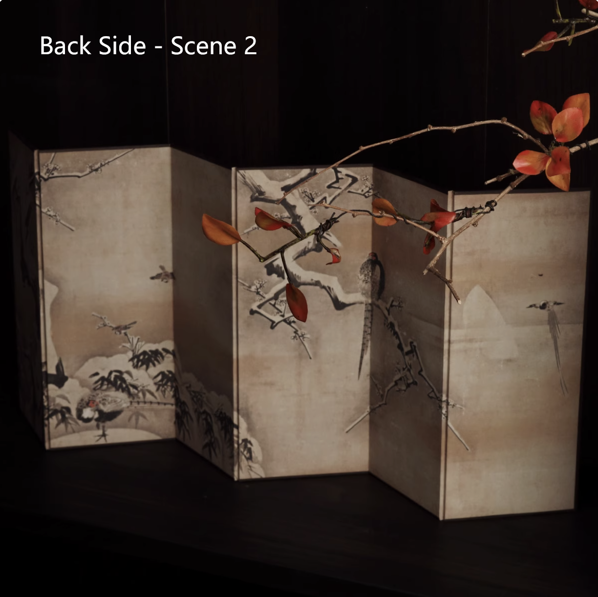 Rin Essense Japanese snow scene folding screen with painted bird and plum branches on muted beige panels