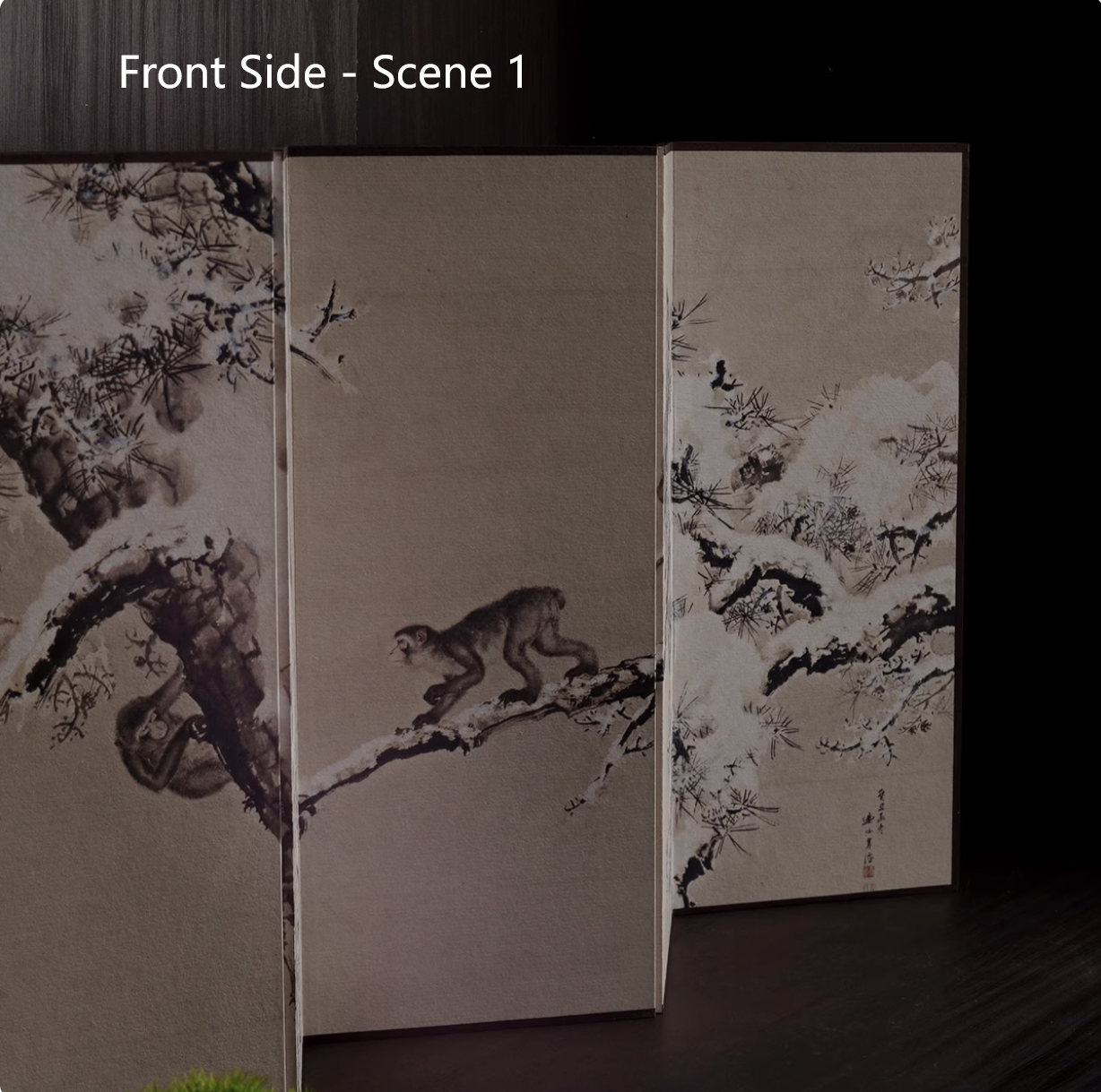 Rin Essense Japanese snow scene folding screen three panel ink painting of monkeys on snowy pine branches