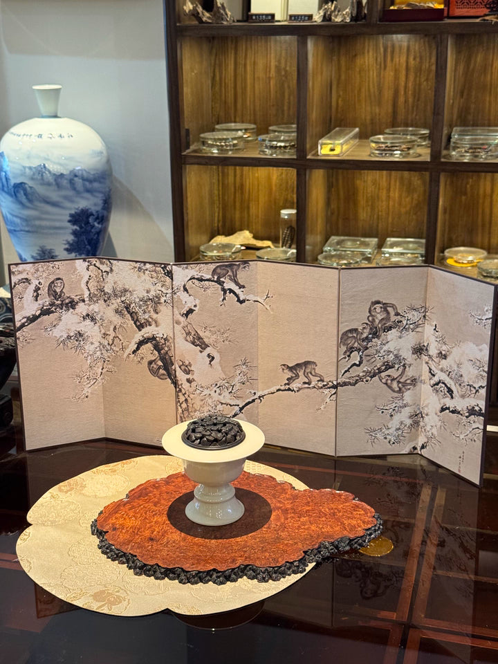 Rin Essense Japanese snow scene folding screen on lacquer table with pedestal incense bowl and vase