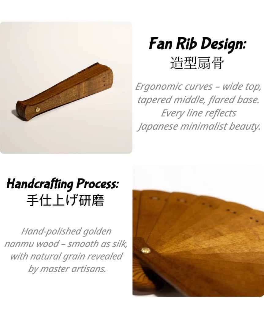 Nanmu burl folding fan by Rin Essense handcrafted with smooth golden nanmu wood showing ergonomic rib design