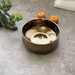 Rin Essense polished metal bowl on gray surface with small green plant and two oranges nearby