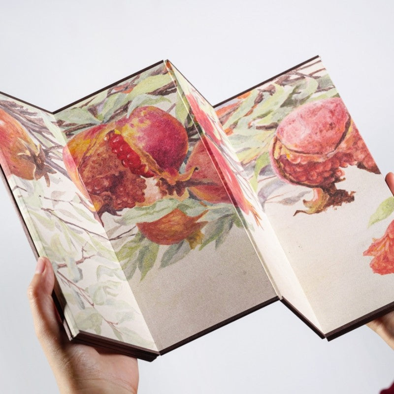 Rin Essense room divider folding screen with floral and pomegranate design held open showing artwork