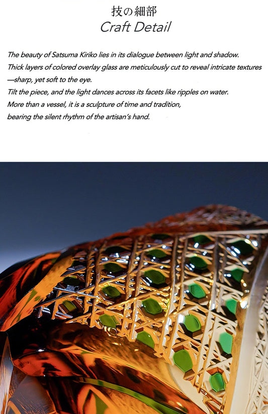 Close up of Rin Essense Satsuma Kiriko whiskey glass showing amber and green cut glass facets and craft details