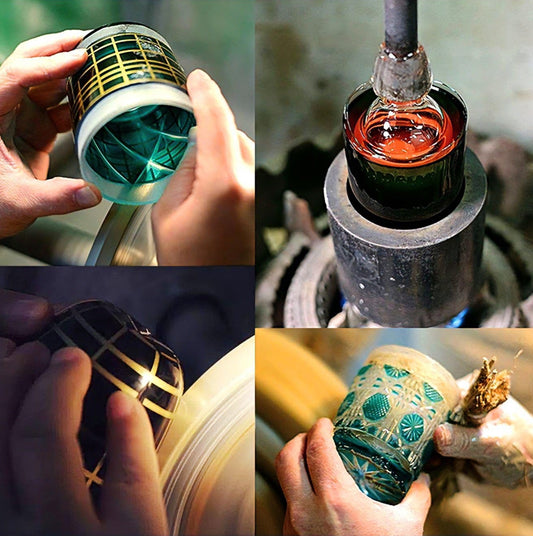 Satsuma Kiriko whiskey glass being handcut and polished by artisans green cut crystal and gold overlay