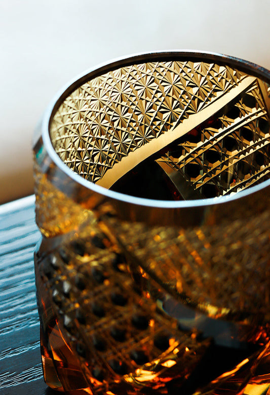 Rin Essense Satsuma Kiriko whiskey glass amber cut crystal tumbler with intricate hand cut starburst pattern