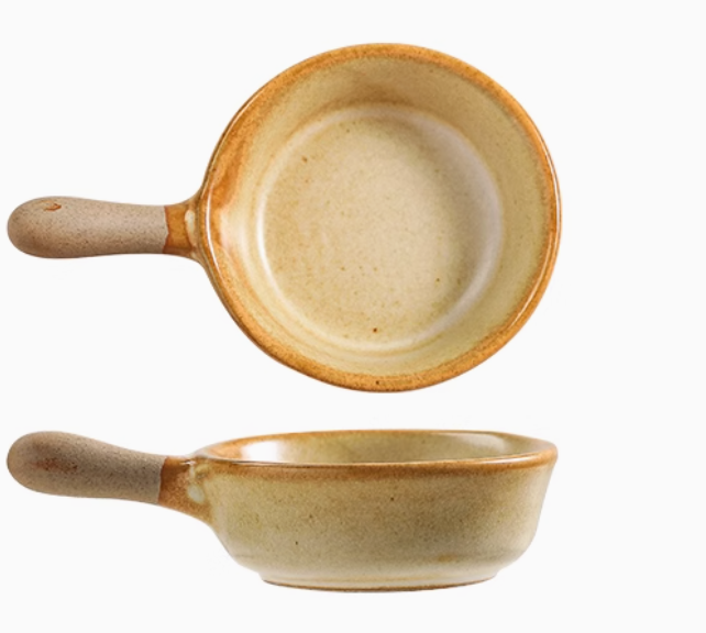 Rin Essense ceramic mini sauce dish with handle rustic beige glazed stoneware for dipping